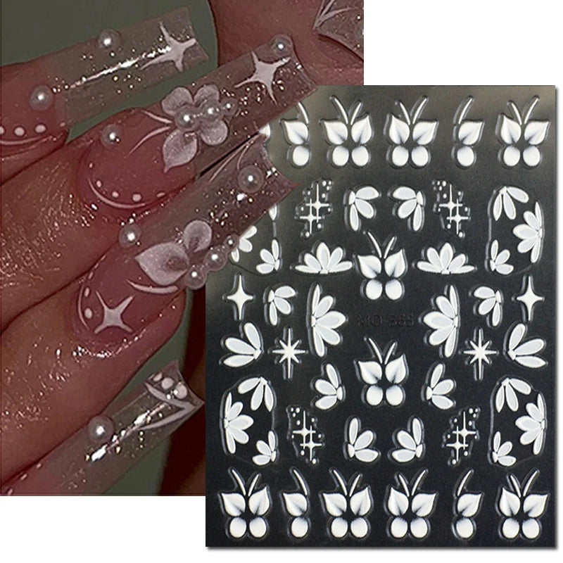5d Embossed Nail Art Stickers Golden Lines Semi-Transparent Purple Blue Flowers Decals Decorations For Nail Tips Manicures