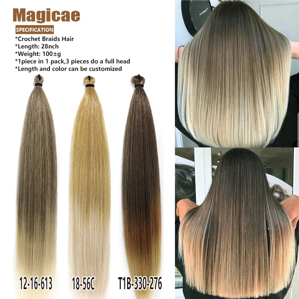 Magicae 28Inch Straight Hair Bundles 3Pcs Crochet Braids Synthetic Ariel Straight Fake hair Ombre Blonde Crochet Hair Extensions