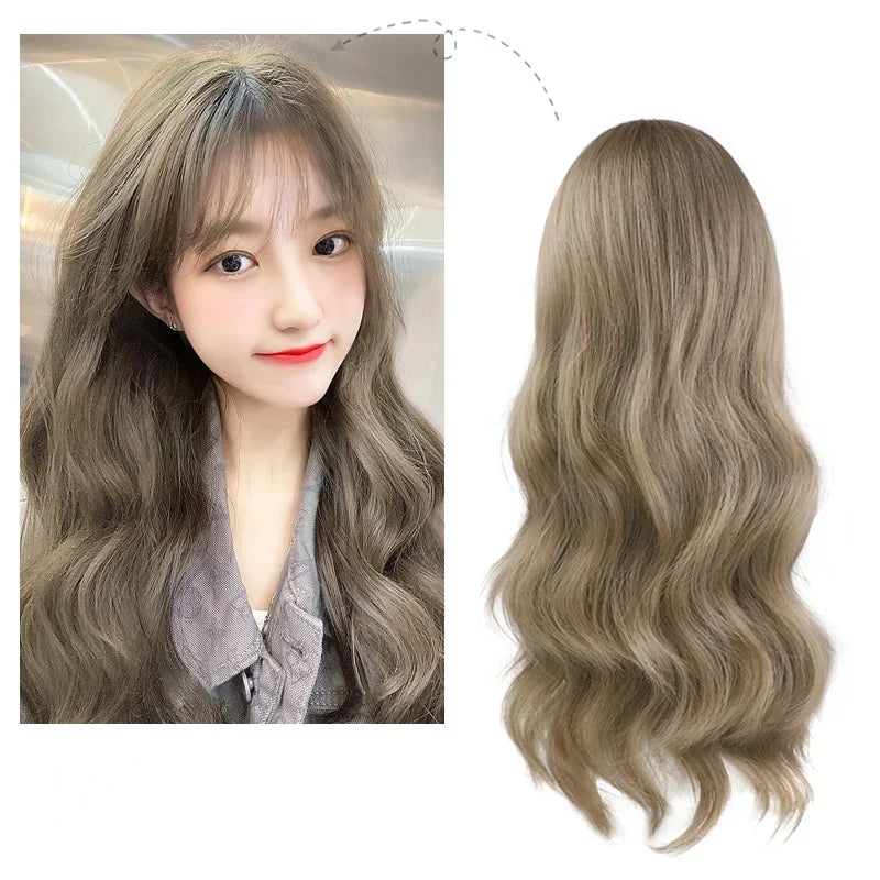 Synthetic wig mint gray brown long roll imitation human hair water ripple wig set