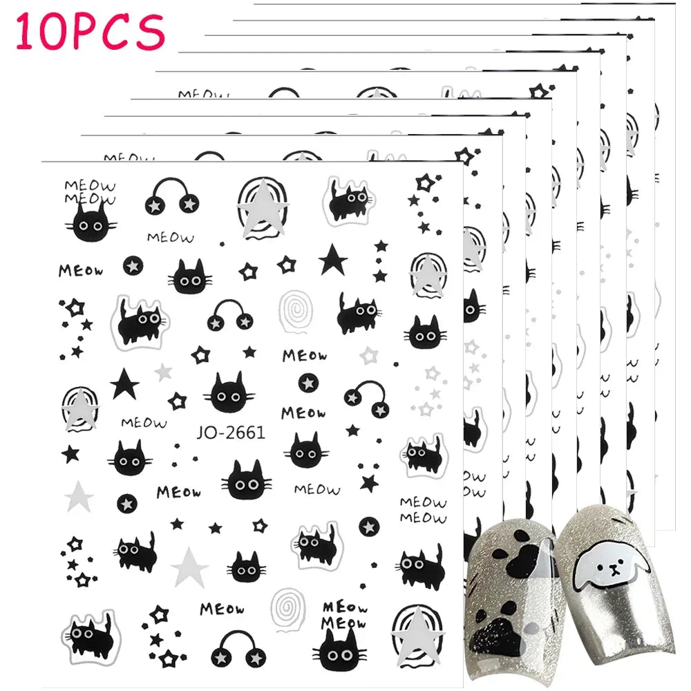 1-10PCS Y2K Black Cat Nail Stickers Kawaii Cartoon Animal Paw Sliders Nail Arts 3D Silver Stars Letters Manicure Decals Tools