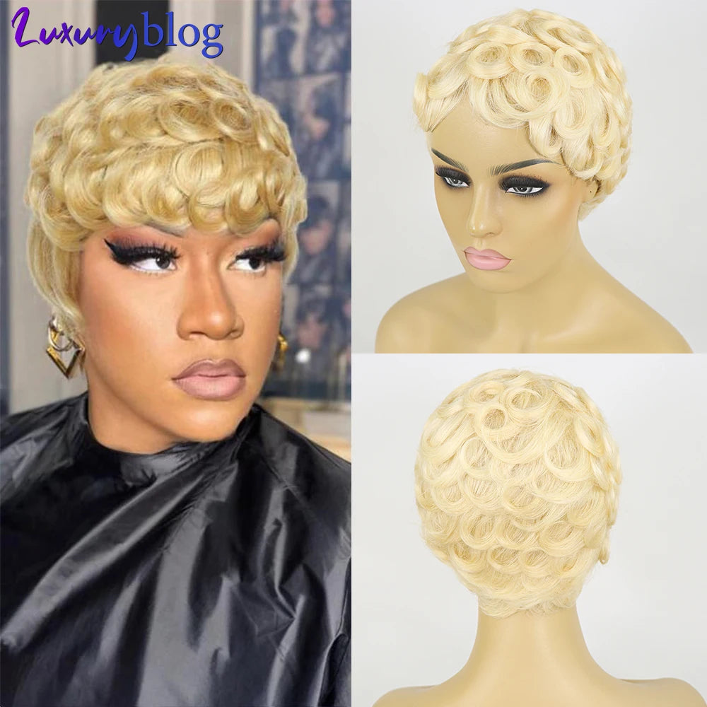Curly Pixie Cut Short Wigs Human Hair Wig for Black Women Natural Black Bob Wig Remy Hair Full Machine Made Wig