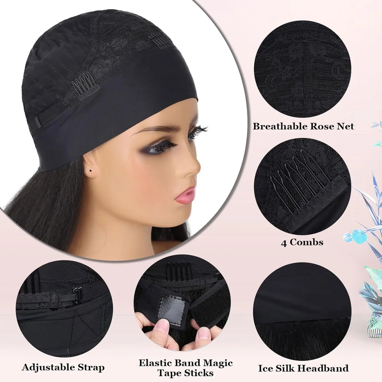 Long Kinky Straight Hair Wigs for Black Women, Synthetic Headband Wig, Hair Band Attached Half Wig, Full Machine Made, None Lace