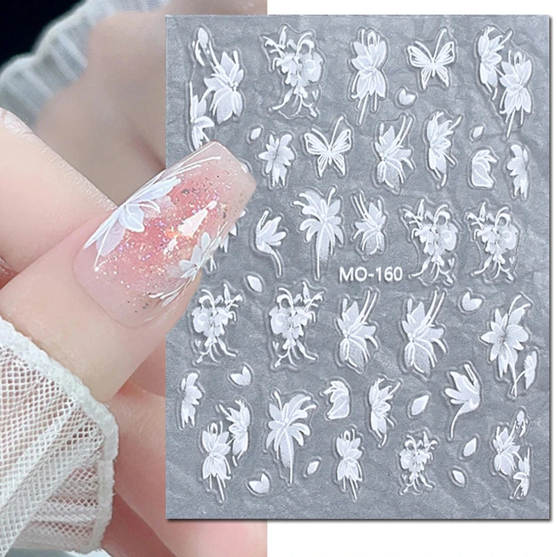 5d Embossed Nail Art Stickers Golden Lines Semi-Transparent Purple Blue Flowers Decals Decorations For Nail Tips Manicures