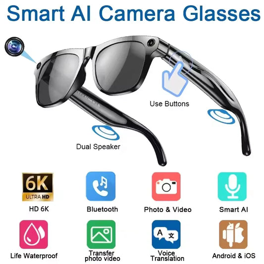 6K HD AI Smart Glasses Camera Mini Camera Bluetooth Call Voice Assistant Control Smart Sports Wearable Camera Glasses 2025 