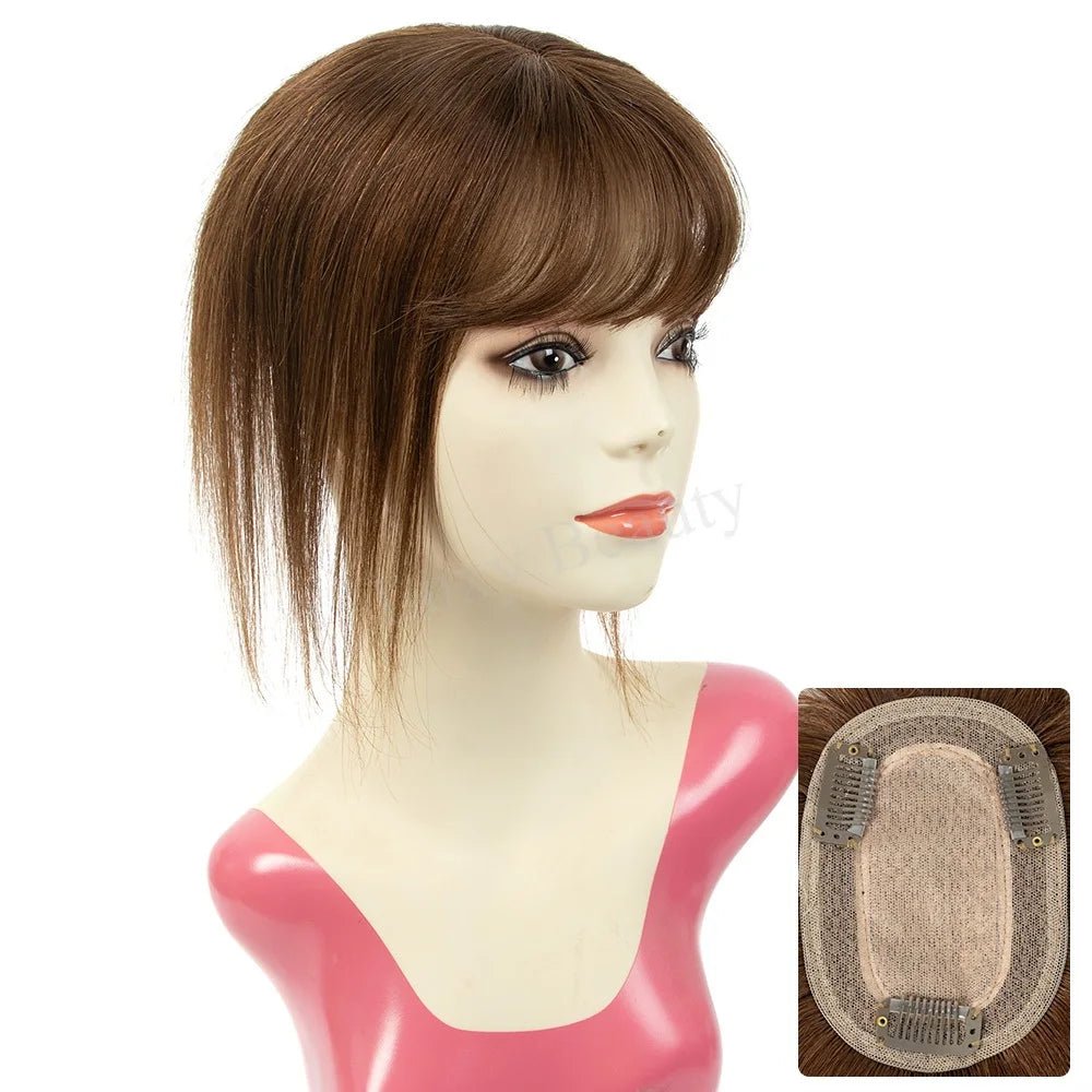Natural Brown Human Hair Topper With Bangs Women 8X12cm Black Highlights Blonde Skin Scalp Clip in Topper Hair Pieces Human Hair