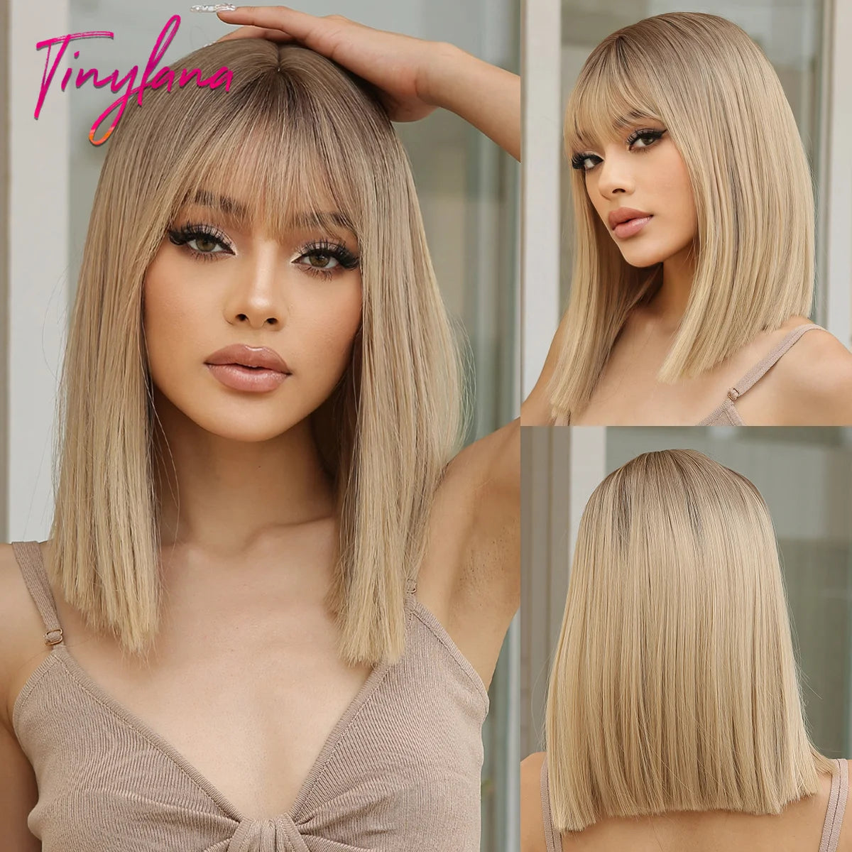 Short Straight Bob Gray Ash Blonde Synthetic Wigs with Bangs Natural Blunt Cut Hair Wig for White Women Daily Heat Resistant