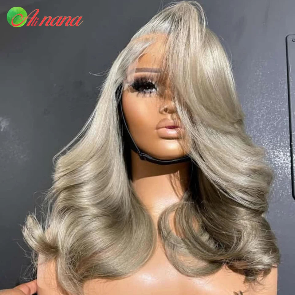 Ash Blonde Colored 13x4 Lace Frontal Wigs Ombre Short Bob Wig 180% Density Wavy Human Hair Wigs For Women Body Wave Hairstyle