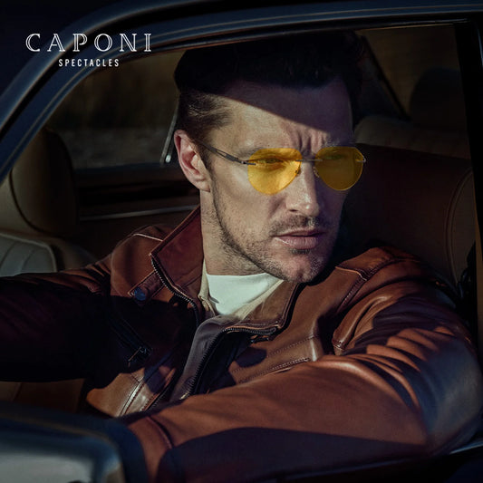 CAPONI Night Vision Sunglass Men Photochromic UV400 HD Protect Ultra Light Titanium Frameless Driving Sports Sunglasses YS22003