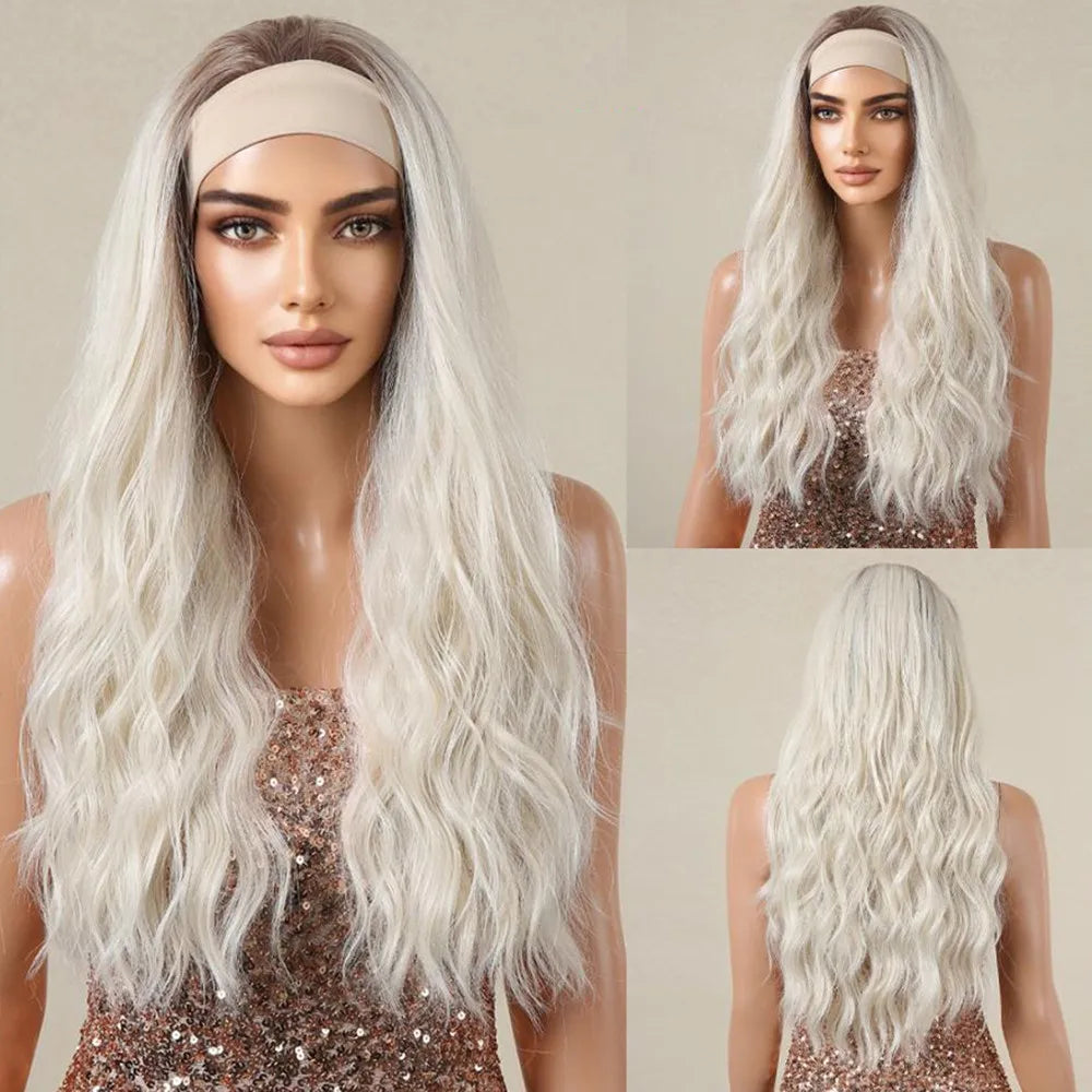 Blonde Synthetic Headband Wigs Long Water Wavy Wig for Women Daily Party Heat Resistant Fiber Natural Looking Realistic Hair