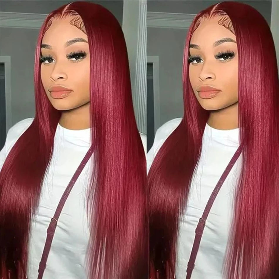 Red 13x6 HD Transparent Bone Straight Lace Frontal Wigs Brazilian Burgundy Colored Human Hair Wigs For Women 38inch Long Wigs