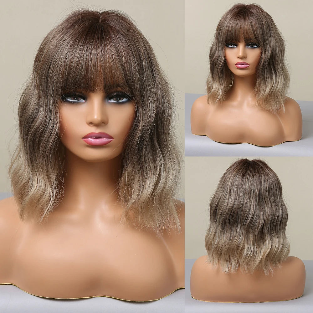 Short Curly Bob Cut Synthetic Wigs with Bangs Light Ginger Orange Water Wave Wig for Black White Women Halloween Heat Resistant