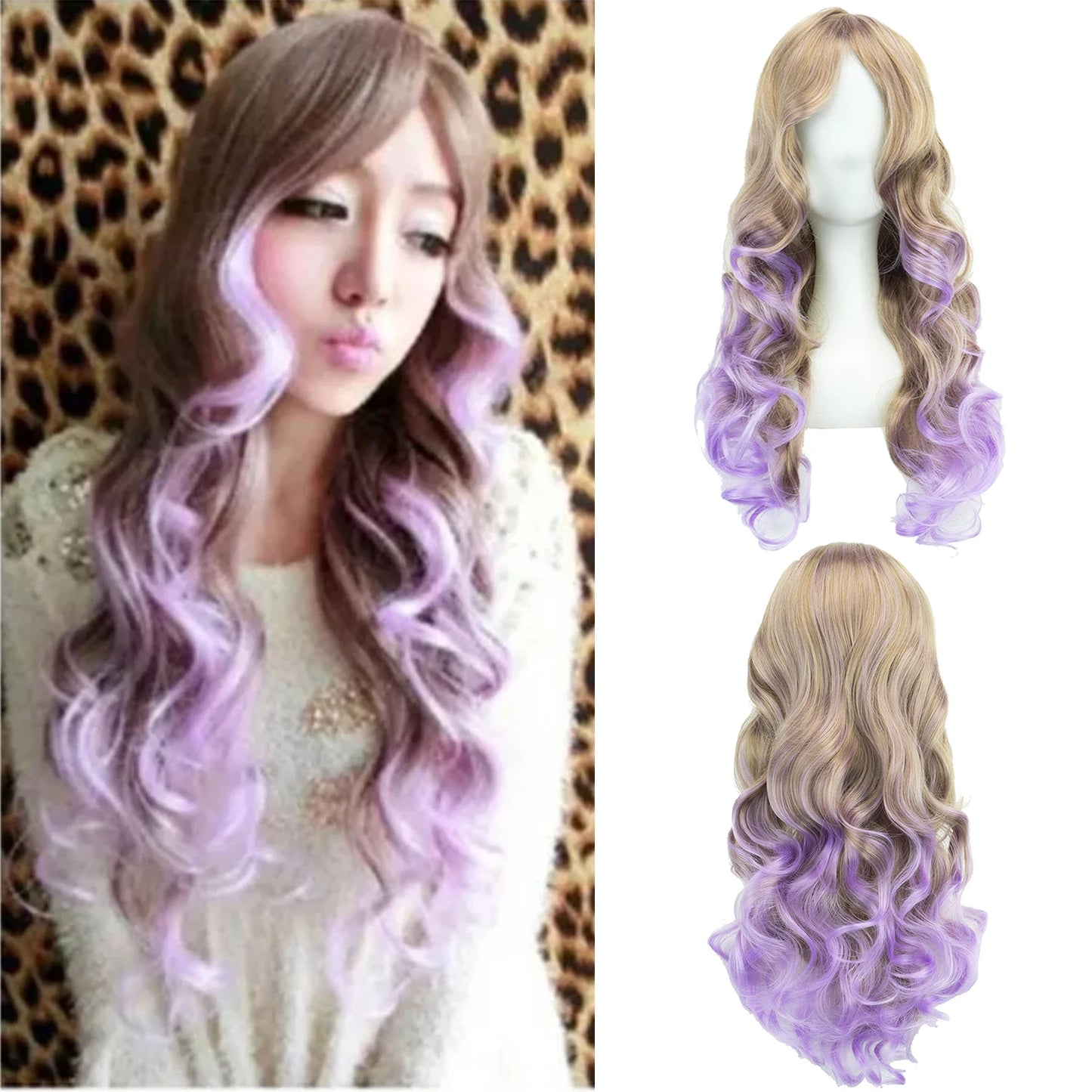 Soowee Synthetic Hair Ombre Rainbow Cosplay Wig with Bangs Red Yellow Purple Green Blue Wigs for Black Women
