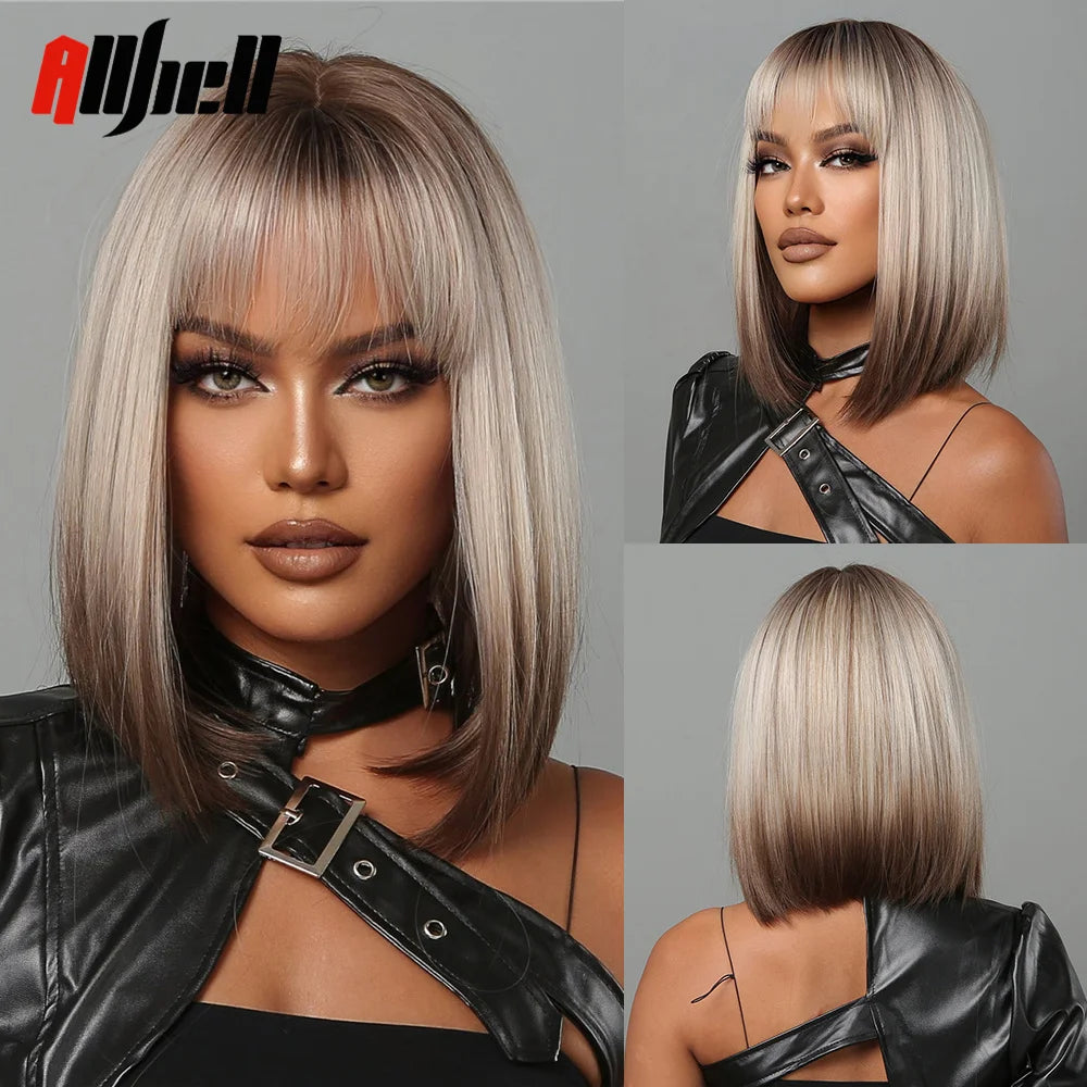 Short Copper Ginger Synthetic Natural Wavy Wigs Hair Orange Halloween Bob Wig with Bangs Heat Resistant for Women Cosplay Wig