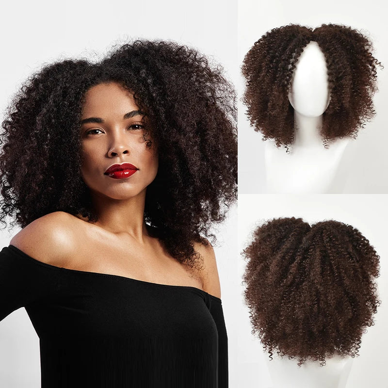MSIWIGS Women's Short Afro Kinky Curly Wigs Ombre Brown Synthetic Middle Part Nature Hair Black Daily Party Headgear with Clips