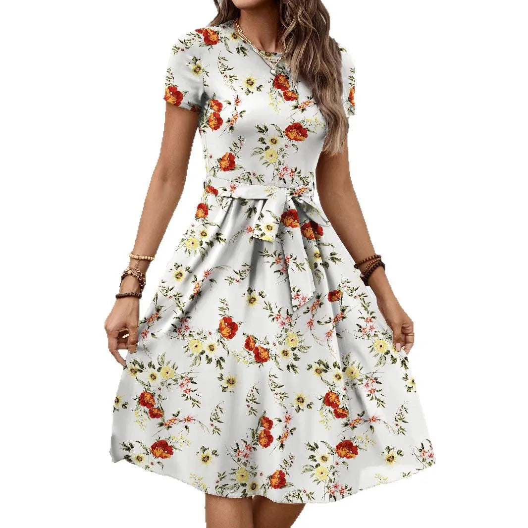 Dresses Women Flower Print Dress Round Collar Short Sleeve Lace Up Tight Waist Vestidos Casual Knee Length A Line 2025 Summer