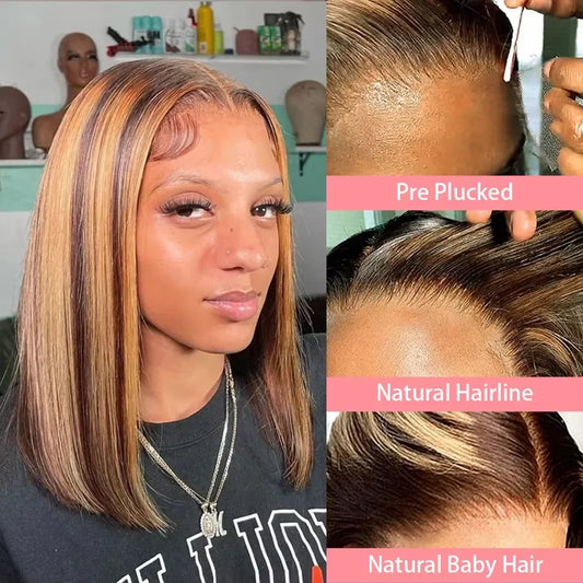 4/27 Ombre 13x4 Lace Front Human Hair Wig 100% Remy Hair Pre Plucked Transparent Lace Highlight Wigs Human Hair Straight Bob Wig