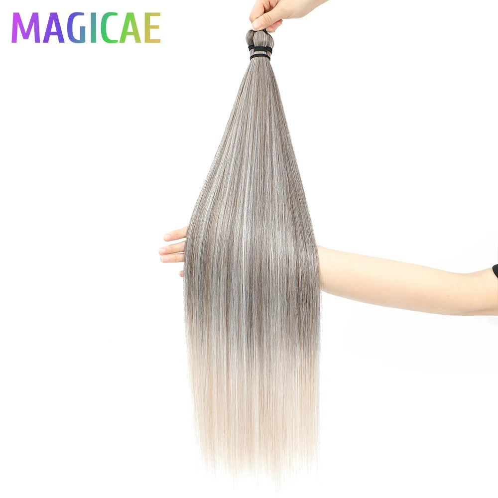 Magicae Braiding Crochet Hair High Heat Resistant 3Pcs 28inches Synthetic Ombre Brown Silver White Straight Bundles Extension
