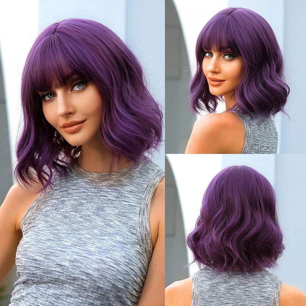 Short Curly Bob Cut Synthetic Wigs with Bangs Light Ginger Orange Water Wave Wig for Black White Women Halloween Heat Resistant