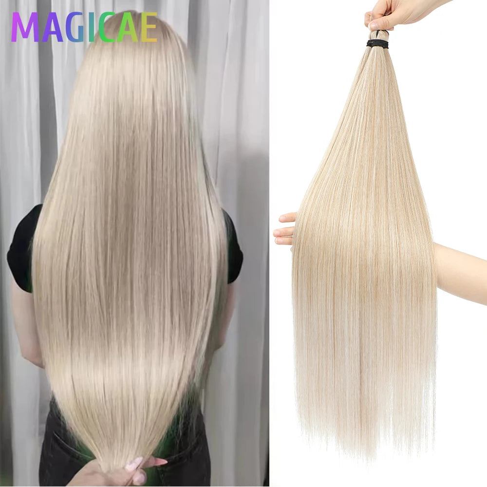 28Inches 3Pcs Straight Blond 613 Brown 6 Crochet Braids White Gray 56A# Ombre Silver Bundles High Temperature Synthetic Weave
