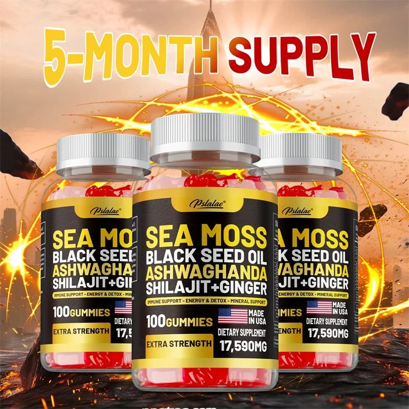 Sea Moss, Black Seed Oil, Ashwagandha, Ginger, Shilajit Gummies - Boosts Energy, Skin, Joints & Immunity