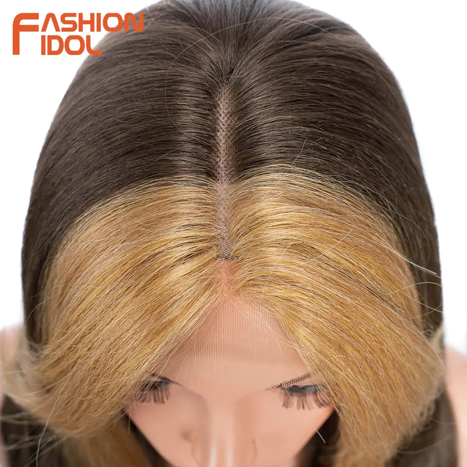 FASHION IDOL 26 Inch Yaki Straight Lace Front Wig Synthetic Hair Ombre Blonde Cosplay Wigs Heat Resistant Fiber Synthetic Hair