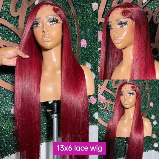 Red 13x6 HD Transparent Bone Straight Lace Frontal Wigs Brazilian Burgundy Colored Human Hair Wigs For Women 38inch Long Wigs