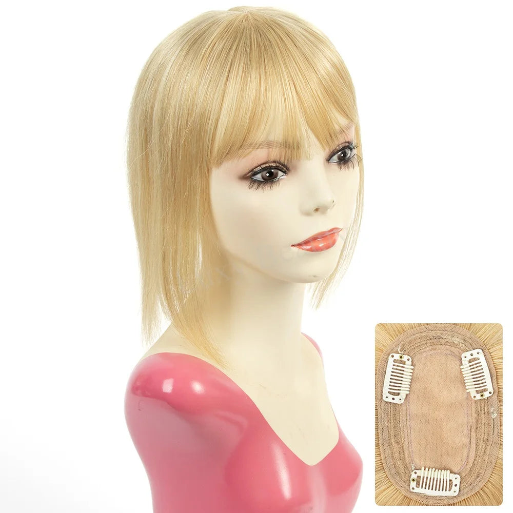 Natural Brown Human Hair Topper With Bangs Women 8X12cm Black Highlights Blonde Skin Scalp Clip in Topper Hair Pieces Human Hair