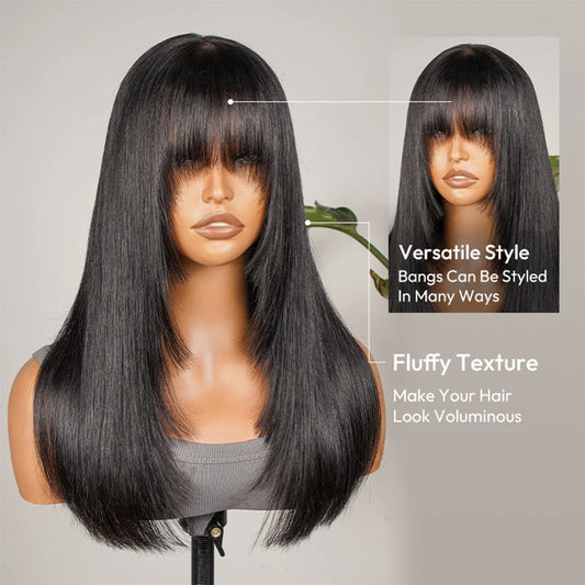 Alipearl Hair Glueless Layered Cut Wig Straight 5*7 Lace Front Wig Natural Black Human Hair Short Wig With Fringe Bangs