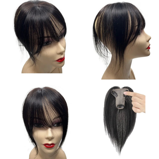 7x8cm Slik Base Human Hair Toppers For Women Clip In Topper With 3D Air Bangs Hairpieces for Hair Loss Volume Cover Grey Hair