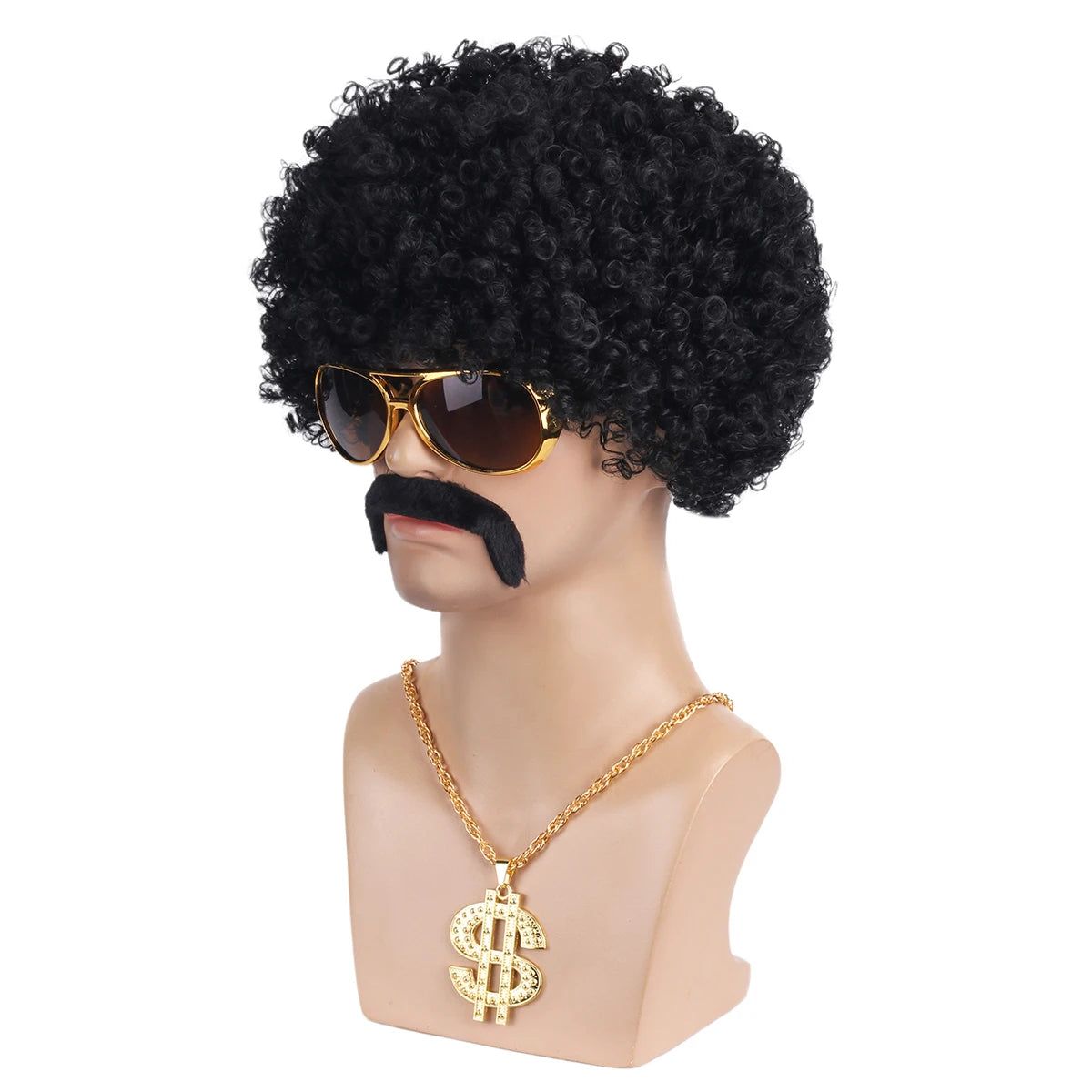 African men's synthetic wig 4-piece set {wig+glasses+necklace+beard} 70s 80s disco costume wig men's natural fluffy short curly