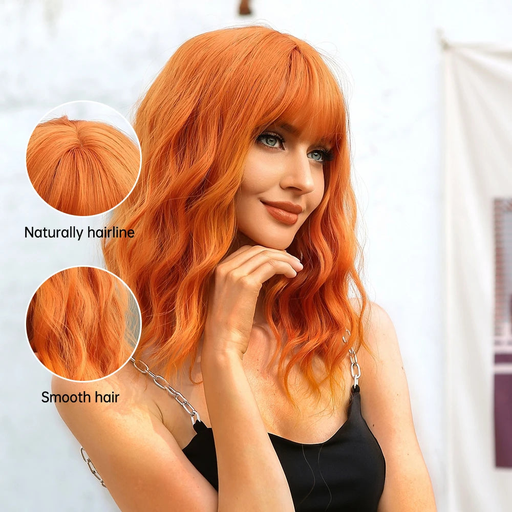 Short Curly Bob Cut Synthetic Wigs with Bangs Light Ginger Orange Water Wave Wig for Black White Women Halloween Heat Resistant
