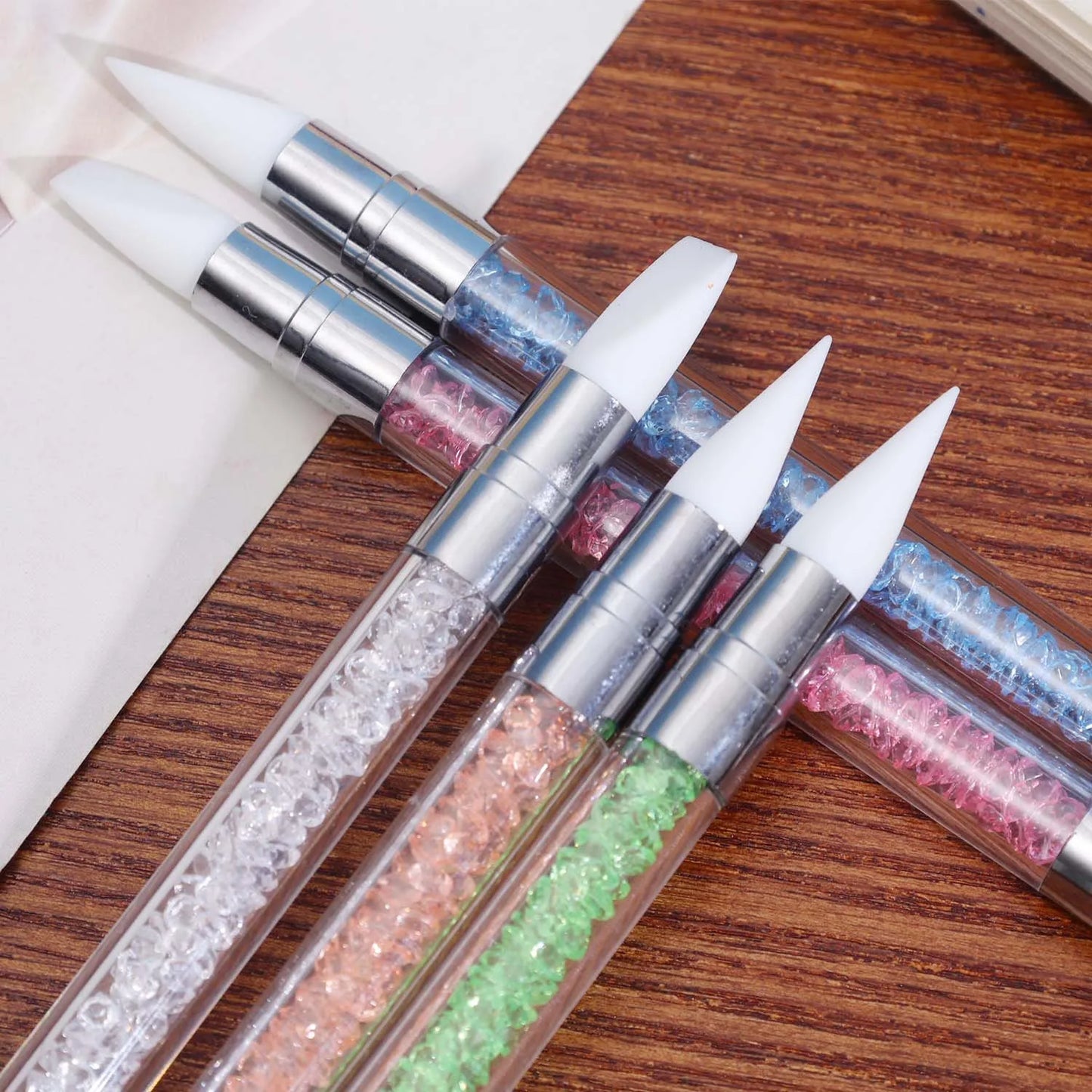5Pcs White Sculpture Dotting Pen Nail Art Brush Tool Colorful Crystal Dual-head Carving Flower Painting Pen DIY Manicure Tools