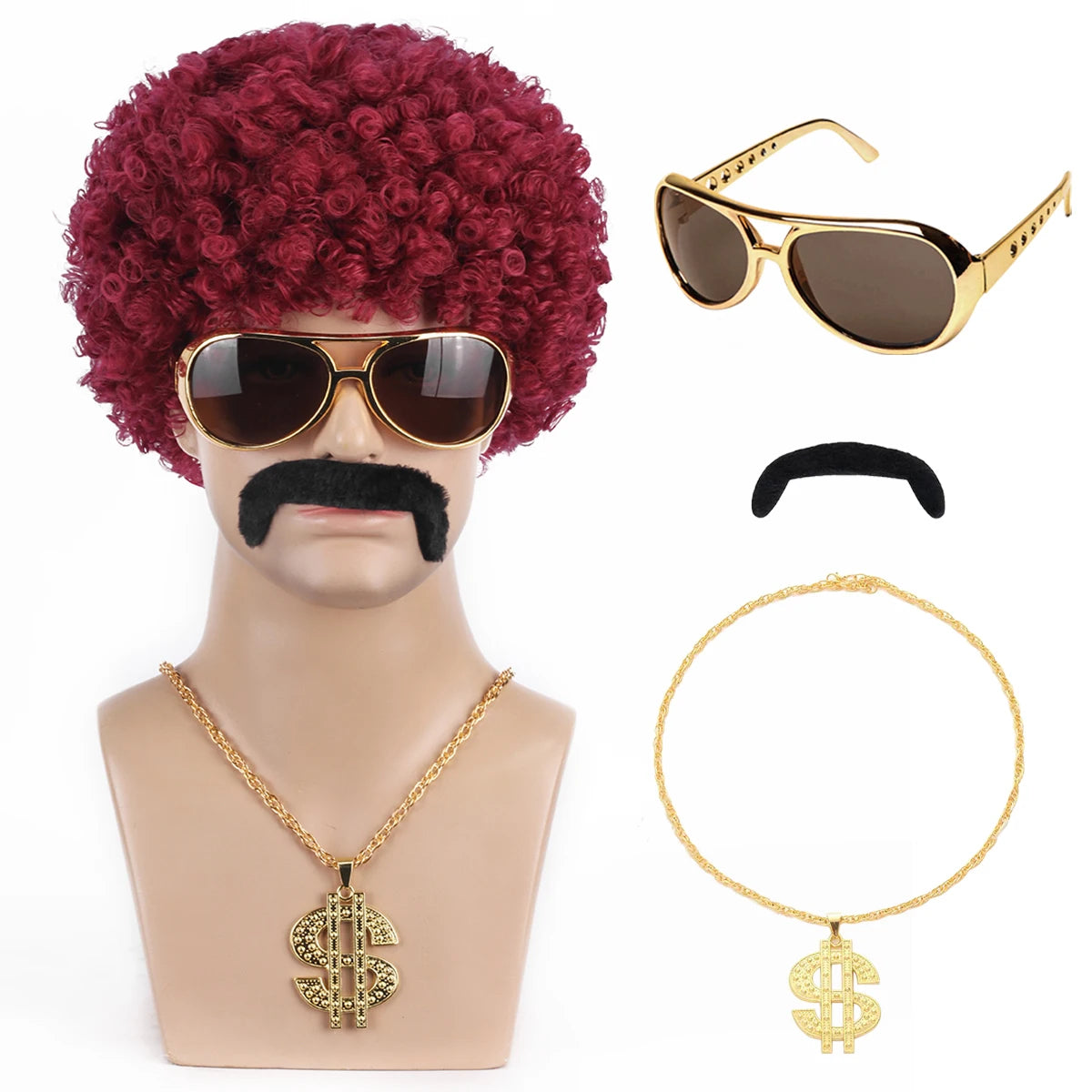 African men's synthetic wig 4-piece set {wig+glasses+necklace+beard} 70s 80s disco costume wig men's natural fluffy short curly