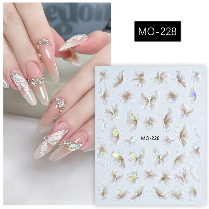 5d Embossed Nail Art Stickers Golden Lines Semi-Transparent Purple Blue Flowers Decals Decorations For Nail Tips Manicures