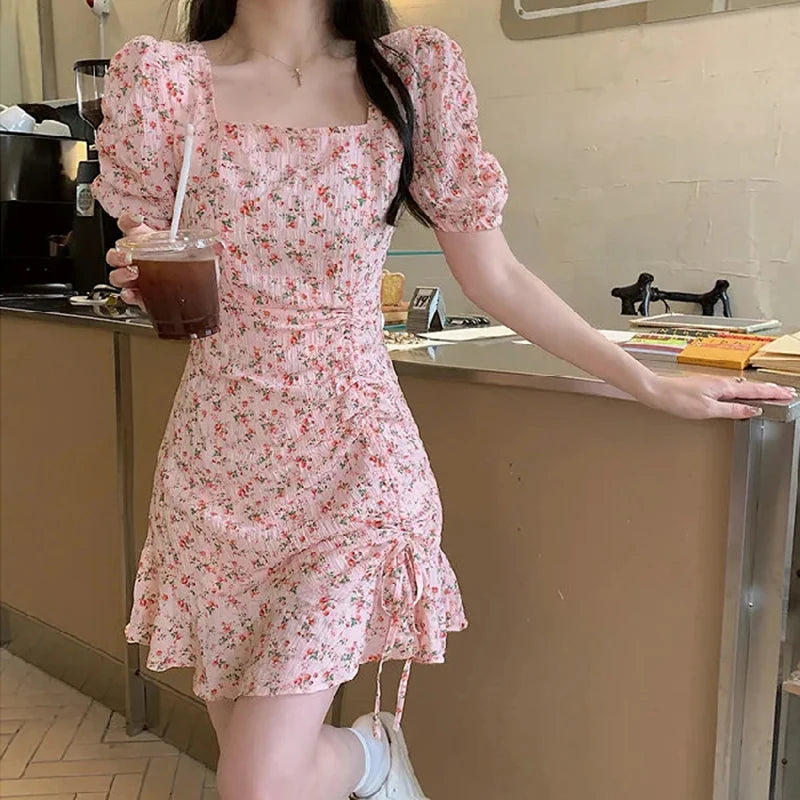 Sweet Women Floral Print Flower Dress Fashion Draw String Square Neck Puff Sleeve High Waist Mini Dress Summer Elegant Female