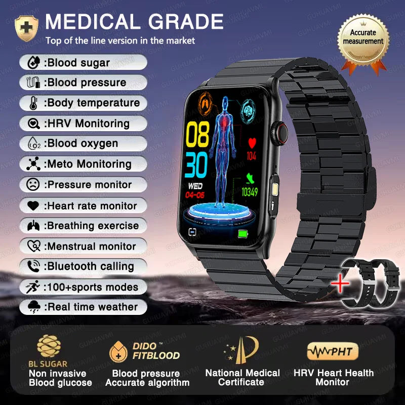 2025 New AI Medical Diagnosis Blood sugar Blood pressure Blood oxygen Smart Watch For Men Bluetooth Call LED Health Smart watch