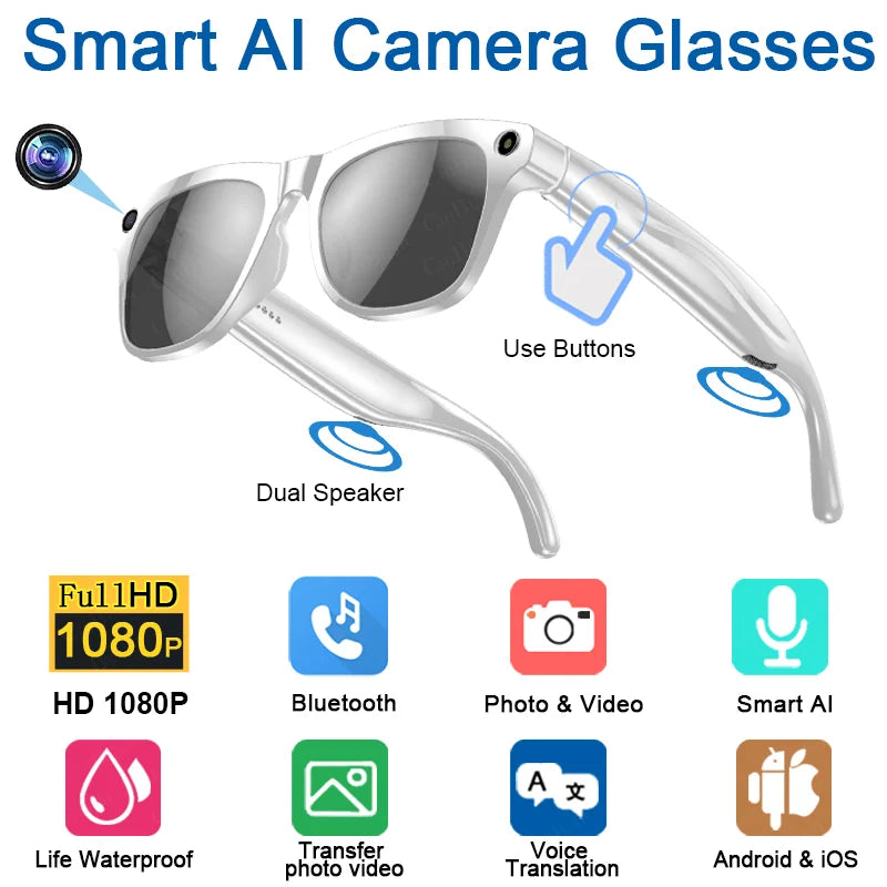 1080 AI Smart Glasses GPT 100mp Multifunctional HD Camera Chat Bluetooth Call Voice Music Assistant AI Translation Smart Glasses