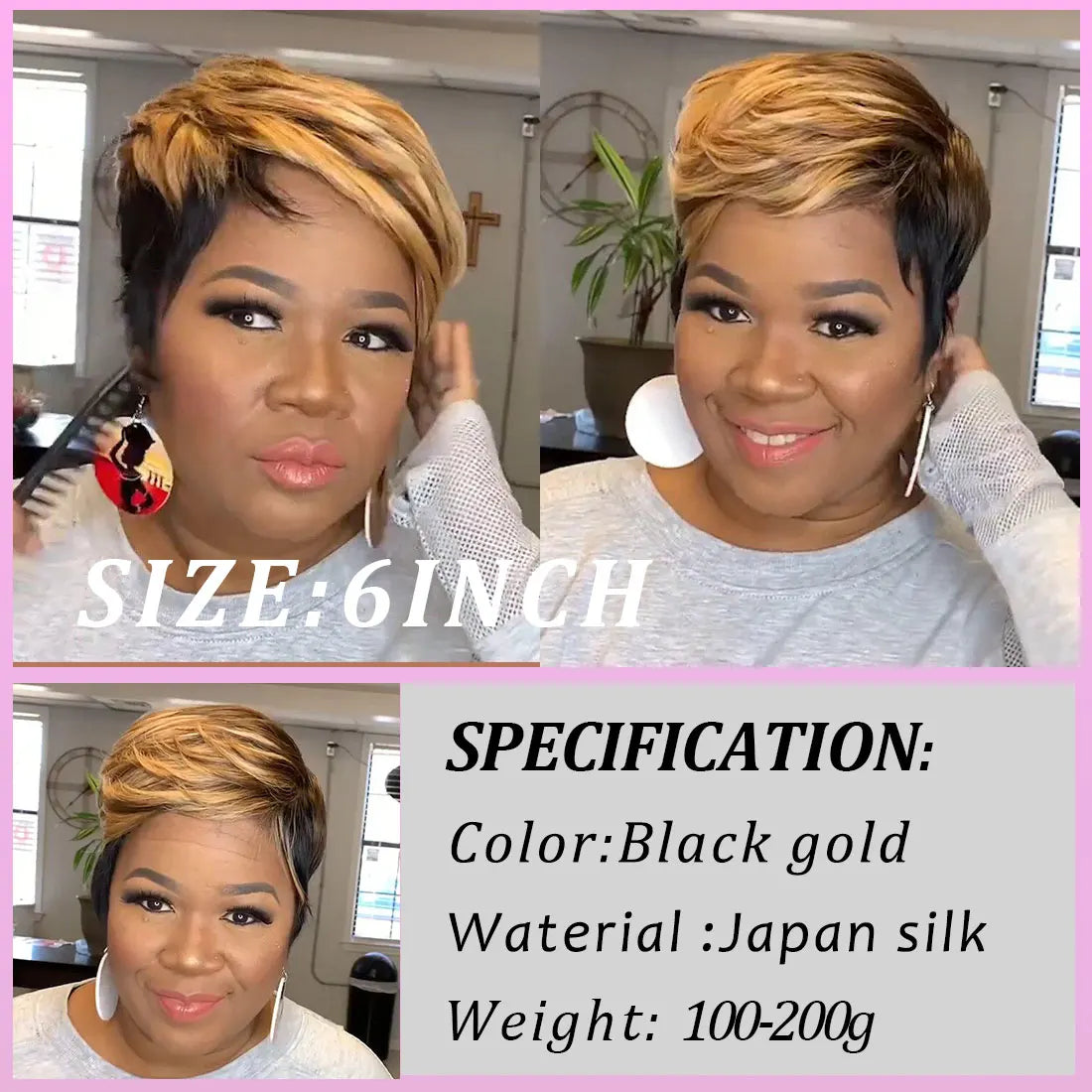 WIGERA Highlight Synthetic Wigs Short Straight Pixie Cut Hair Bob Wig Honey Gold Mix Black Hair For Woman