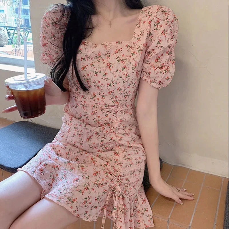 Sweet Women Floral Print Flower Dress Fashion Draw String Square Neck Puff Sleeve High Waist Mini Dress Summer Elegant Female