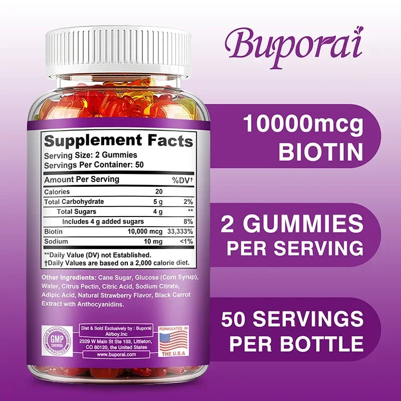 Biotin Gummies 10000mcg - Supports Healthy Hair, Skin and Nails, Boosts Immunity, and Improves Digestion and Absorption