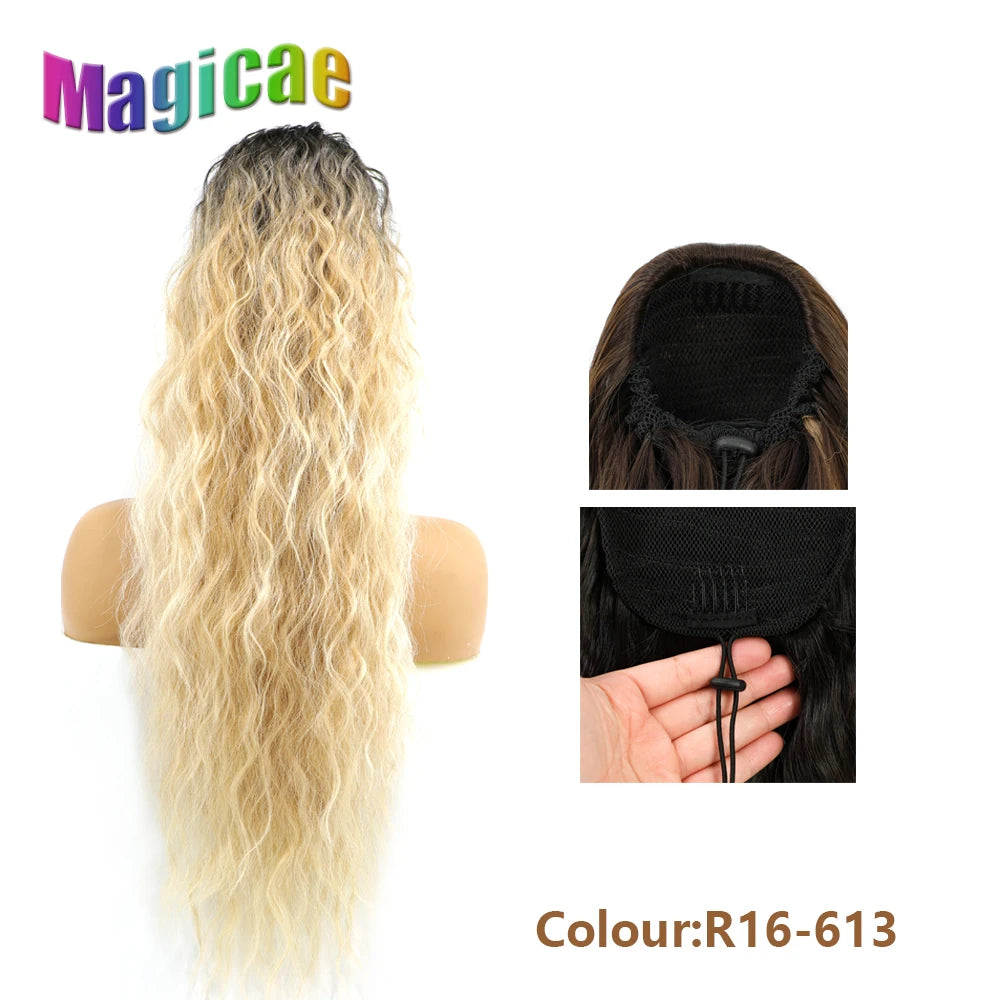 Magicae Long Synthetic Water wave Ponytail Heat resistant Hairpiece Drawstring Hair Clip Ombre Brown Blonde Hair Extensions Pony