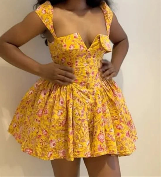 French Midi Dresses U-Neck Flower Print High Waisted A-Line Irregular Short Dresses Women's Summer Elegant Sexy Slim Fit Dress