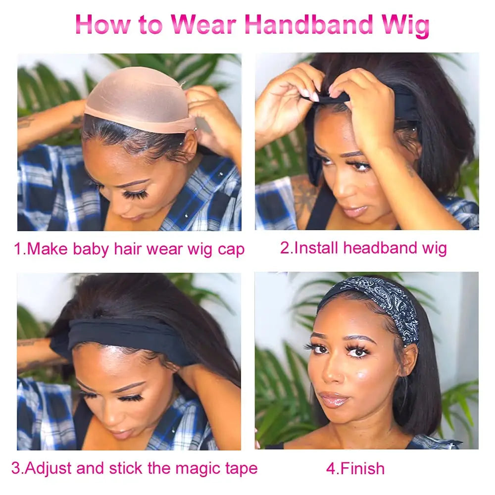 Synthetic Straight Bob Headband Wigs for Black Women Black Short Bob Headband Wig 12inch Half Wigs Wear And Go