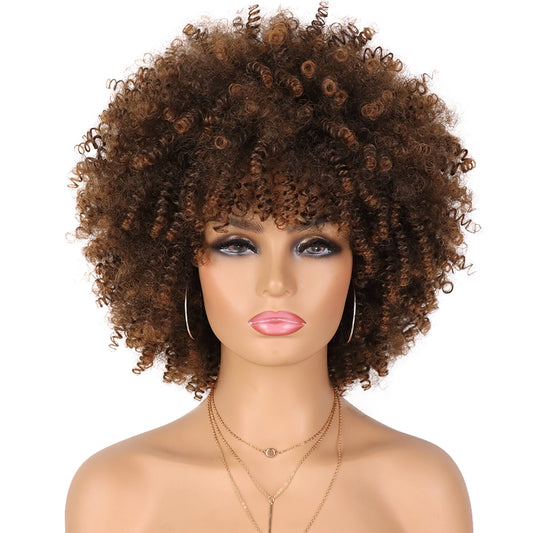 Tereshar Synthetic Short Curly with Bangs for Black Women 8 inch Afro Kinky Curly Wig Synthetic Hair Wigs for Daily Party Use