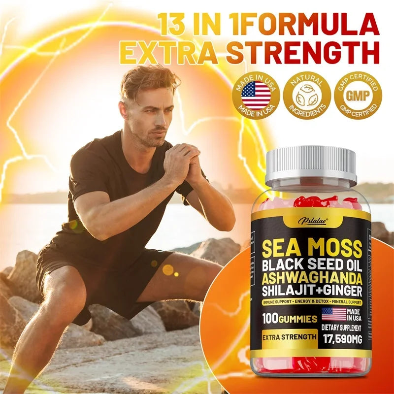 Sea Moss, Black Seed Oil, Ashwagandha, Ginger, Shilajit Gummies - Boosts Energy, Skin, Joints & Immunity