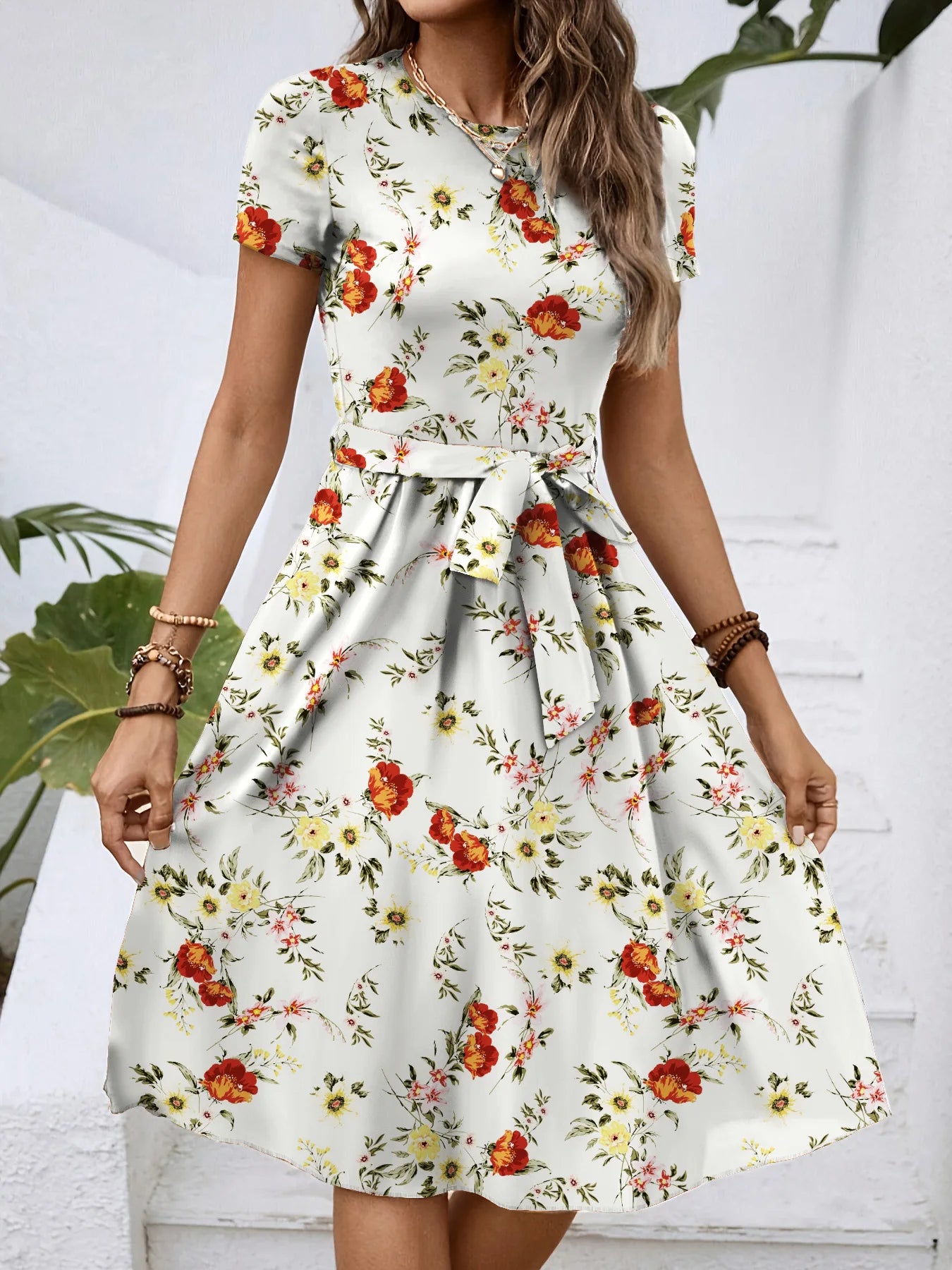 Dresses Women Flower Print Dress Round Collar Short Sleeve Lace Up Tight Waist Vestidos Casual Knee Length A Line 2025 Summer