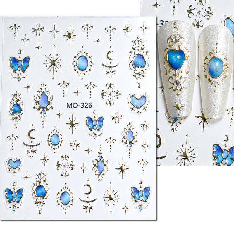5d Embossed Nail Art Stickers Golden Lines Semi-Transparent Purple Blue Flowers Decals Decorations For Nail Tips Manicures