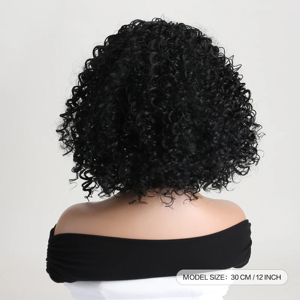 Short Straight Headband Synthetic Natural Kinky Curly Black Wigs for Black Women Daily Party Use Heat Resistant Fake Hair 