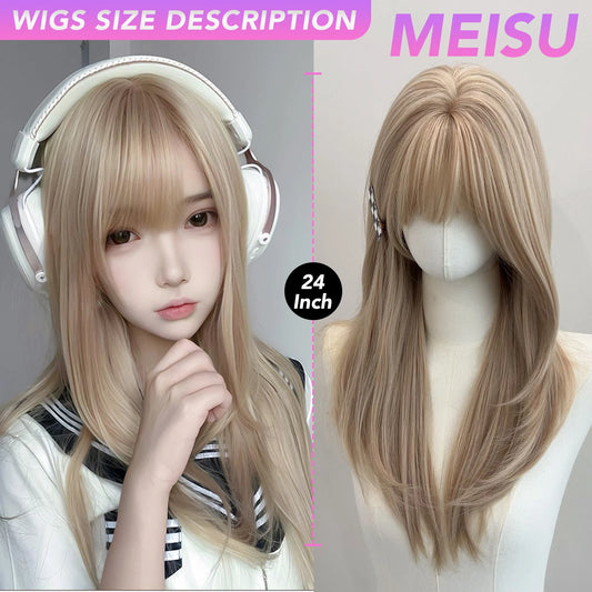 MEISU 24 Inch Synthetic Long Straight Bangs Wig Platinum Layered Fiber Heat-Resistant Natural Smooth Hair Party For Women