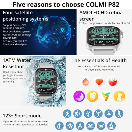 2025 COLMI P82 GPS Smart Watch 2.13" AMOLED HD Display Built-in GPS Make/Receive Phone Calls Smartwatch For Men Women